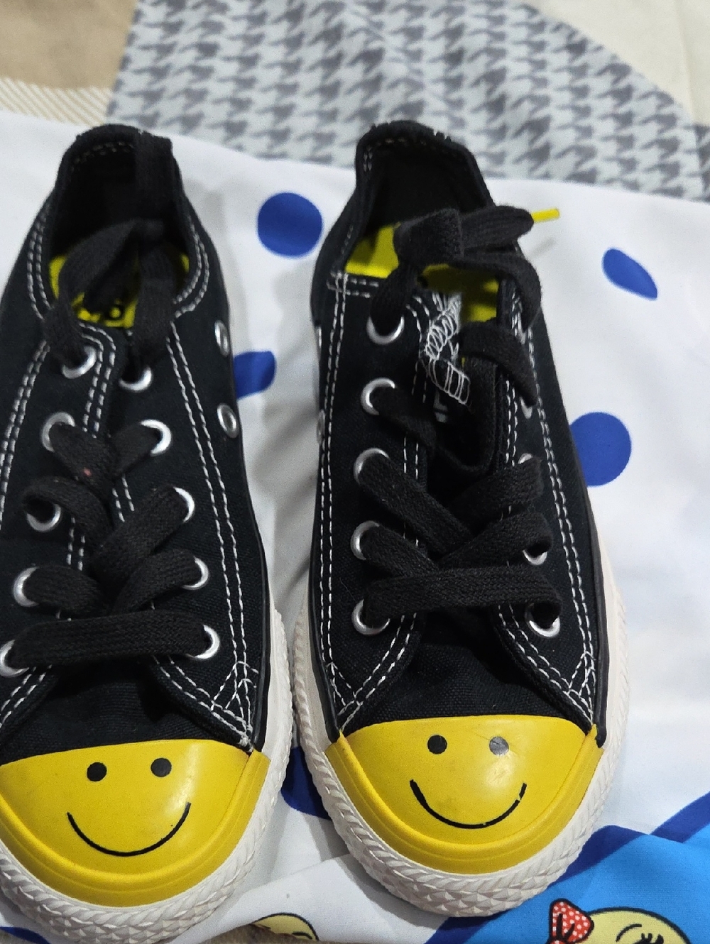 Converse Kids Black Canvas Sneakers with Yellow Smiley Toe